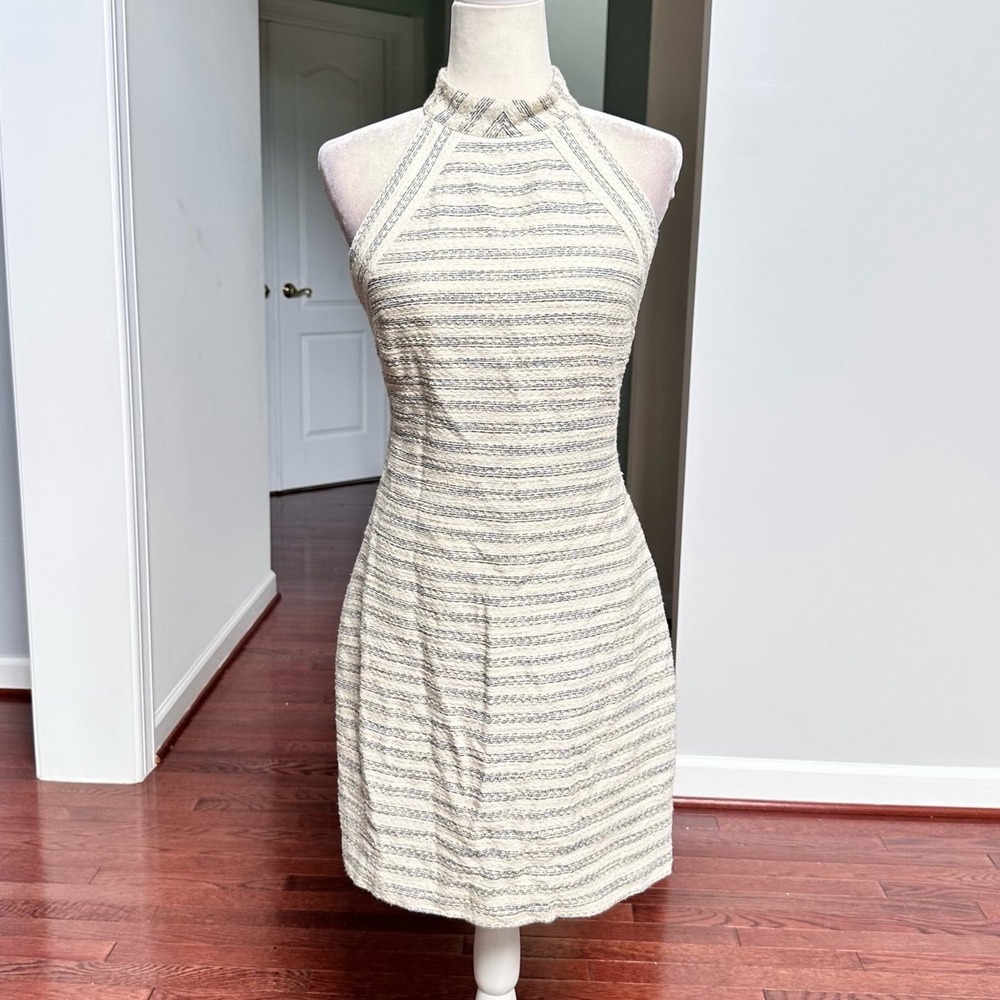 Badgley Mischka Ivory Navy Textured Halter Neck Mini Cocktail Dress Size 8